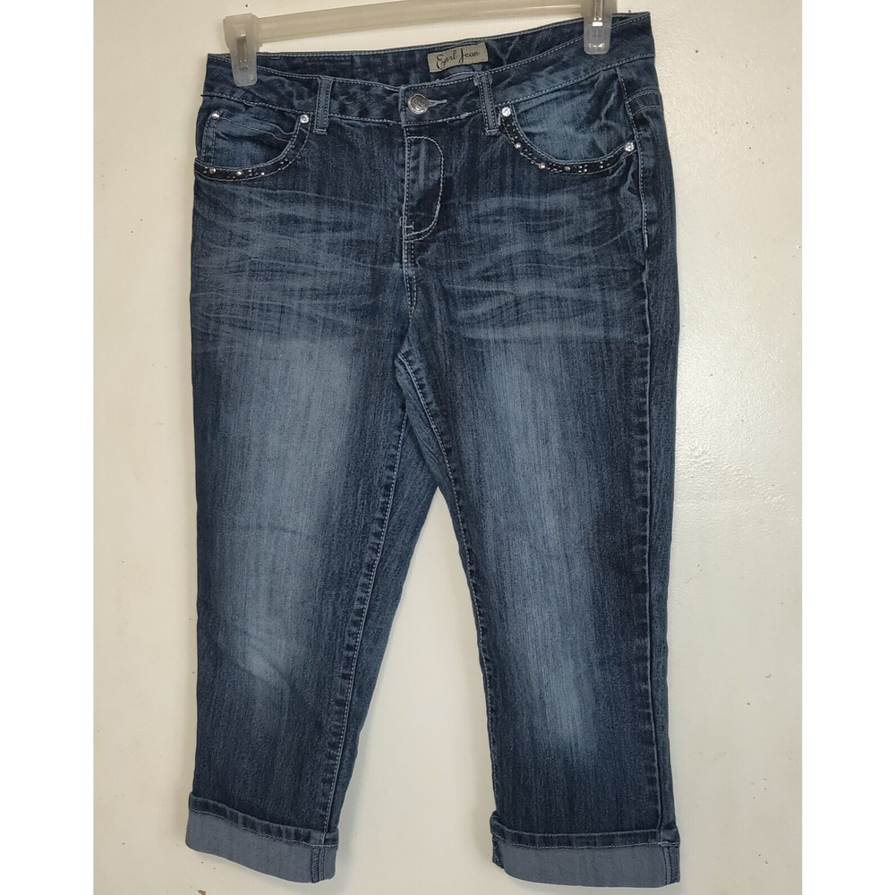 Earl Jean Denim Capris Blue Jeans Sz 8 Rhinestones Embellished BLING Stretch - Picture 2 of 15